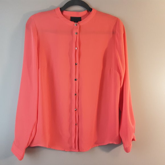 🌞 Worthington Coral Sheer Blouse | Silver Buttons, L - Picture 2 of 12